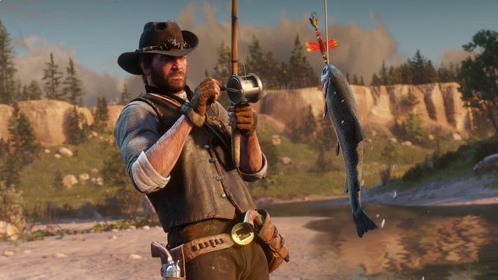 Arthur Morgan fishing in Red Dead Redemption 2