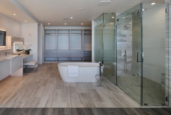 Modern Bathroom with Freestanding Tub and Glass Shower