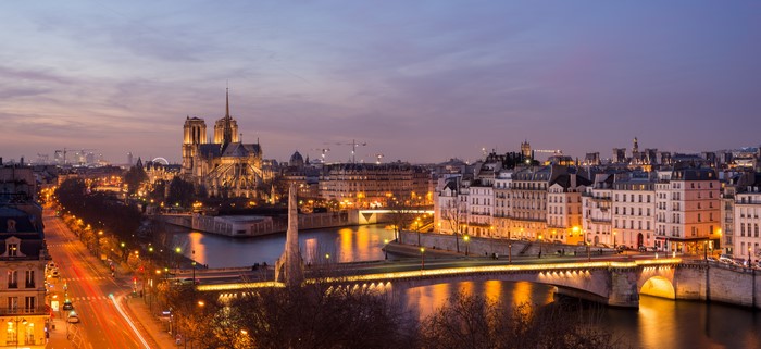 Notre Dame Cathedral and Seine River at Dusk, Paris
