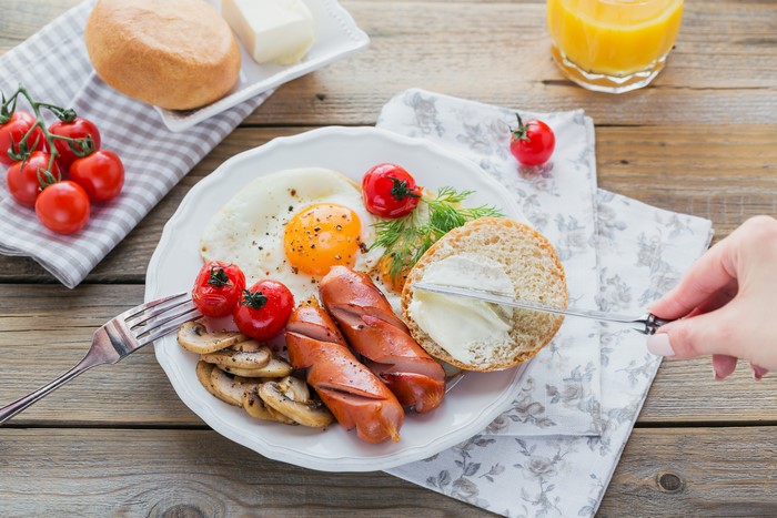 Breakfast plate with fried egg, sausages, tomatoes, mushrooms, and bread