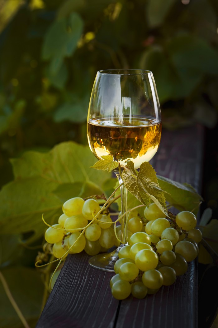 Glass of white wine with green grapes