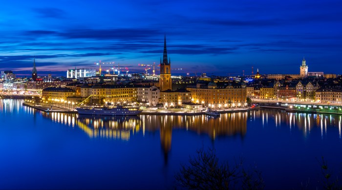 Stockholm cityscape at dusk with Riddarholmen and Gamla stan