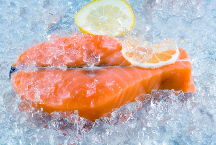 Salmon steak with lemon slices on ice