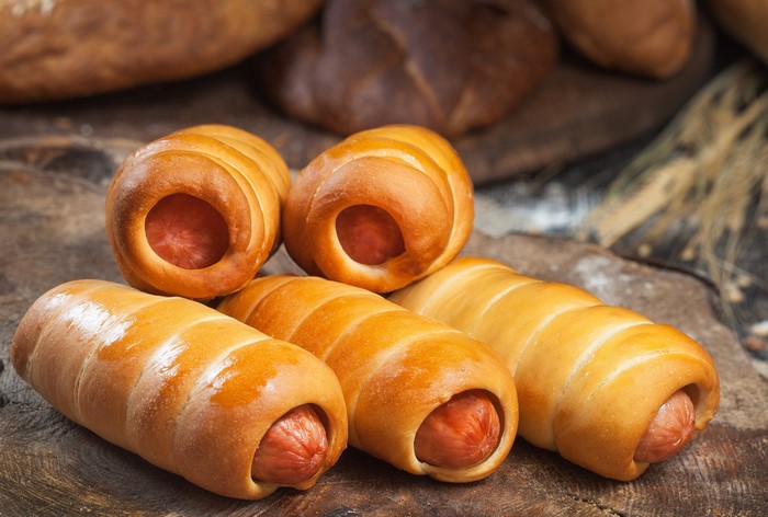 Sausages wrapped in golden pastry