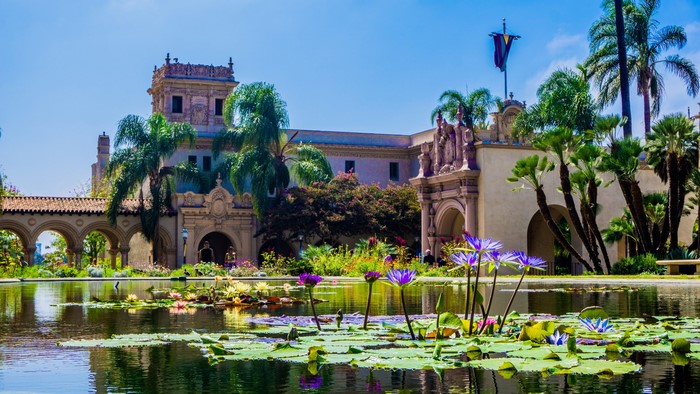 Water lilies pond in front of Balboa Park building, San Diego