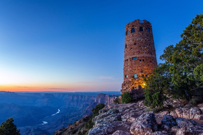 Desert View Watchtower at Grand Canyon National Park at sunset