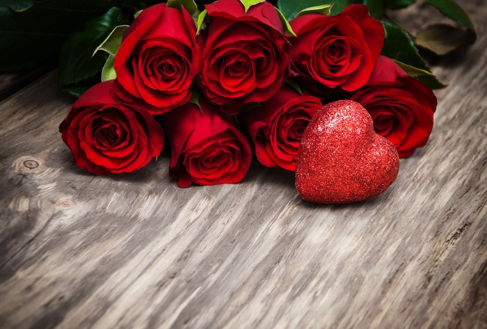 Red Roses and Glitter Heart on Wood