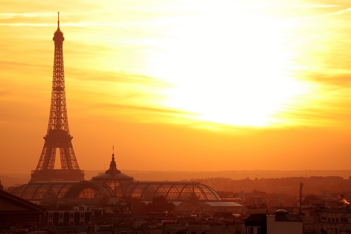 Eiffel Tower and Grand Palais at sunset in Paris