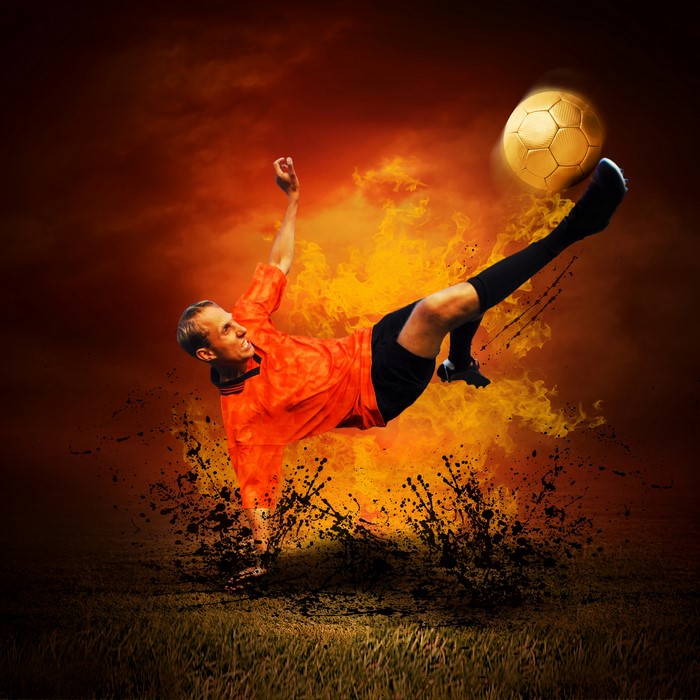 Soccer Player Performing Bicycle Kick with Fire