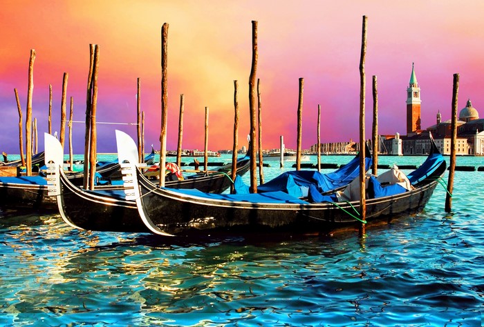 Gondolas in Venice, Italy at Sunset