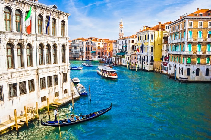Venice Canal with Gondola and Riverboat
