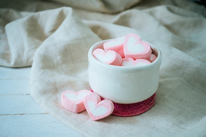 Heart-shaped marshmallows in a bowl