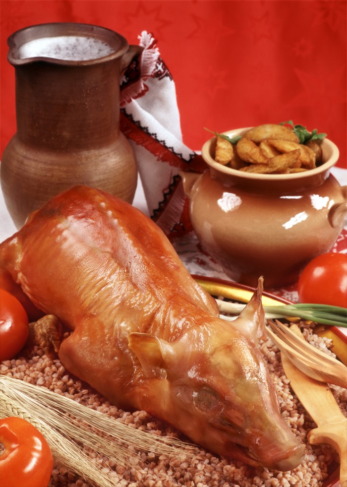 Roasted Pig with Buckwheat, Potatoes, Tomatoes, and Milk