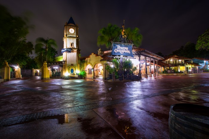 Pirates of the Caribbean attraction at night