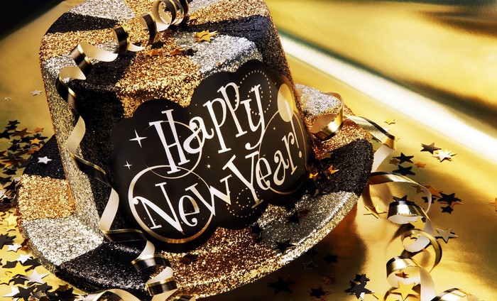 Happy New Year hat with confetti and streamers