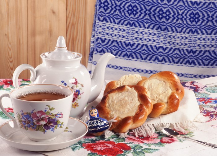 Tea set with buns and matryoshka doll
