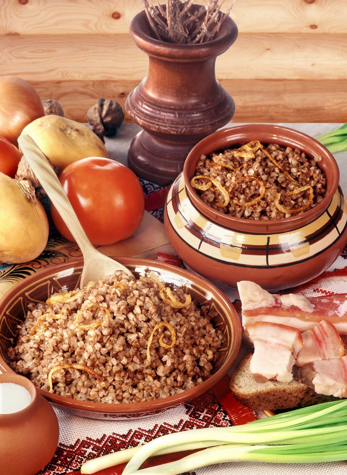 Buckwheat porridge with salo and vegetables