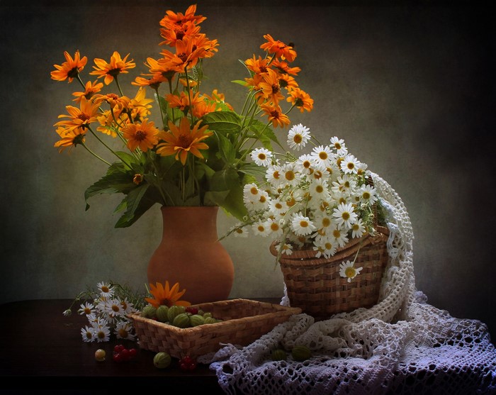 Still-life with orange flowers, daisies, and berries
