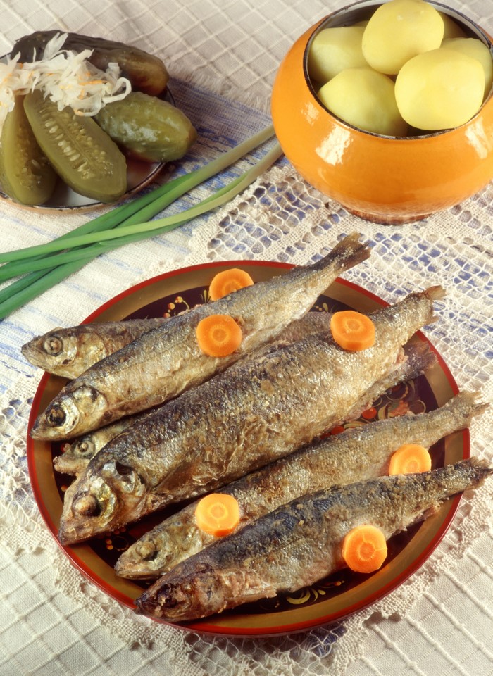 Fried Fish with Pickles, Potatoes, and Carrots