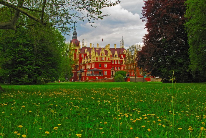 Muskau Castle in Germany with a field of dandelions