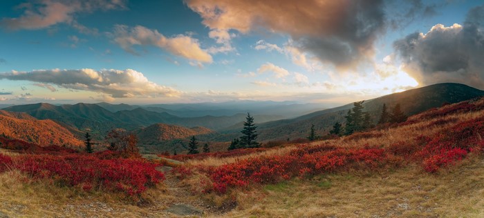 Autumn mountain landscape with red shrubs and clouds