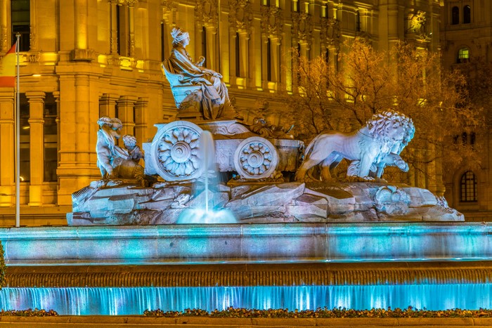 Cibeles Fountain Sculpture at Night in Madrid