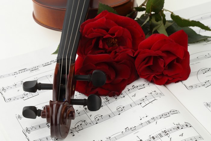 Violin with Red Roses on Sheet Music