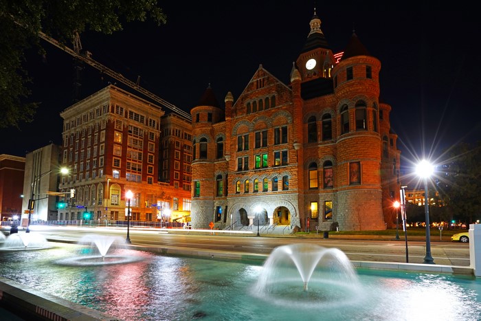 Old Red Museum and Fountains at Night in Dallas