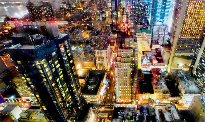 New York City skyline at night from above