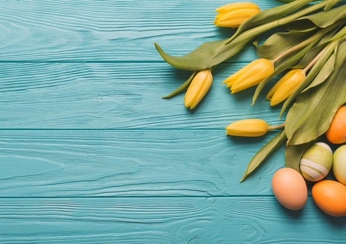 Yellow Tulips and Easter Eggs on Blue Wood Planks