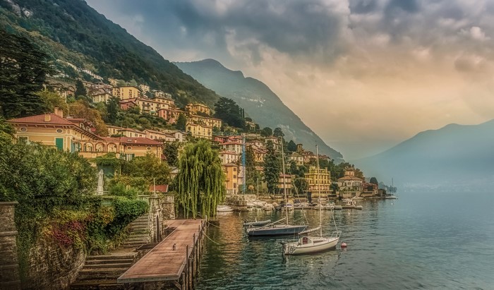 Moltrasio on Como Lake with Mountains and Boats