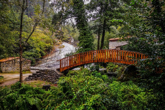 Wooden bridge over a stream in Barro, Galicia, Spain
