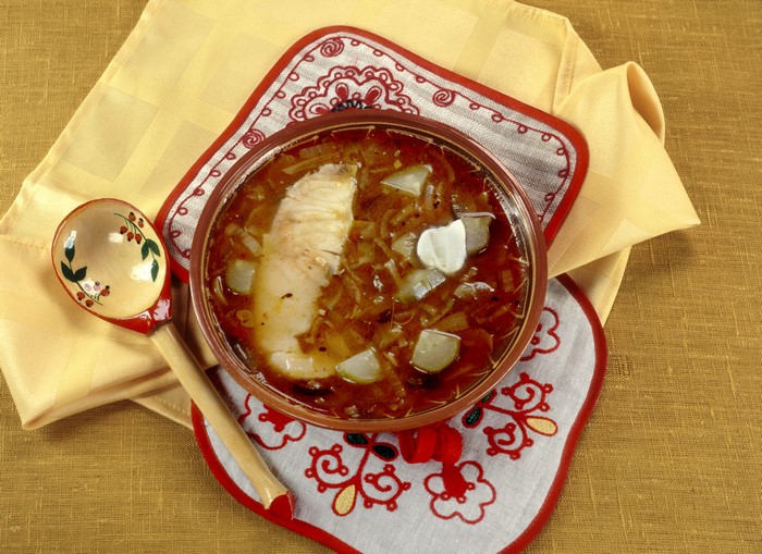 Bowl of soup with meat and spoon
