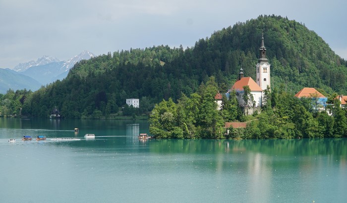 Bled, Slovenia: Church on Island in Lake with Mountains