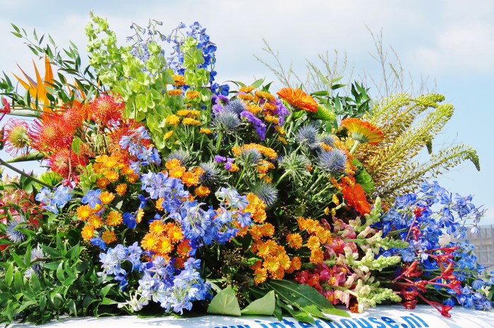 Bouquet of colorful flowers including Chrysanthemums, Cornflowers, and Antirrhinum