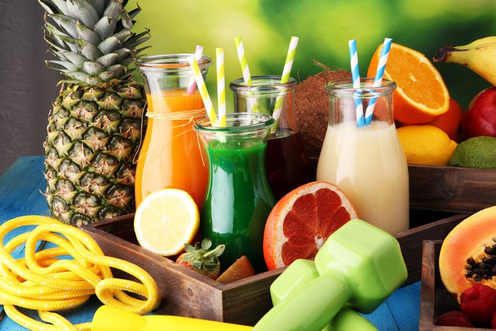 Juice and Fruit with Fitness Equipment