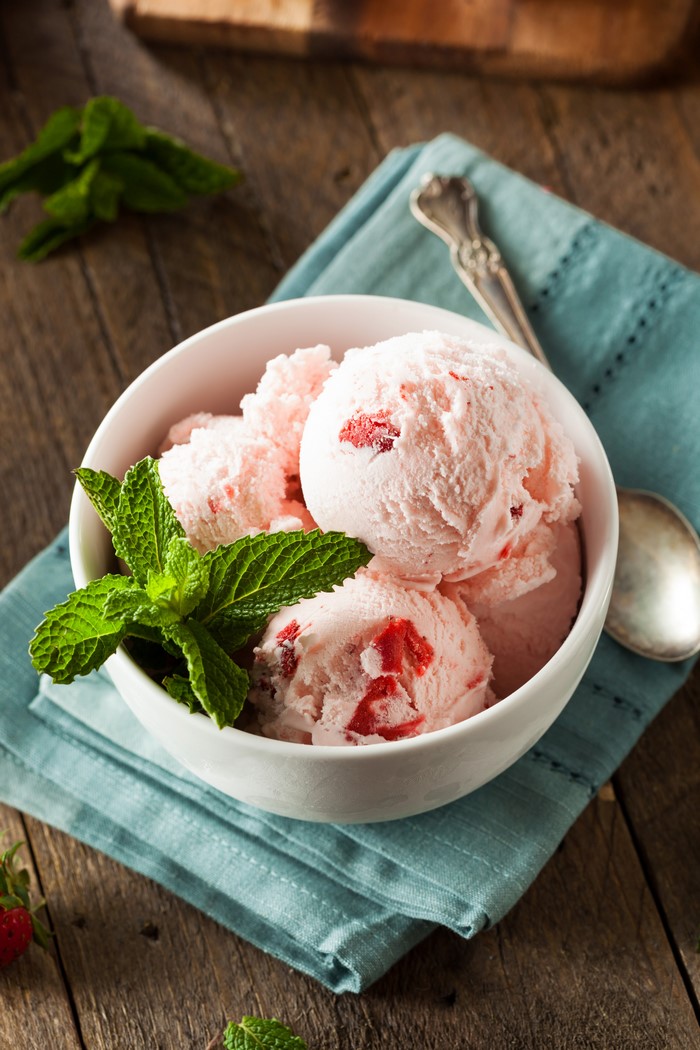 Strawberry ice cream in a bowl with mint