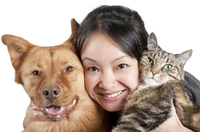 Woman with Dog and Cat on White Background