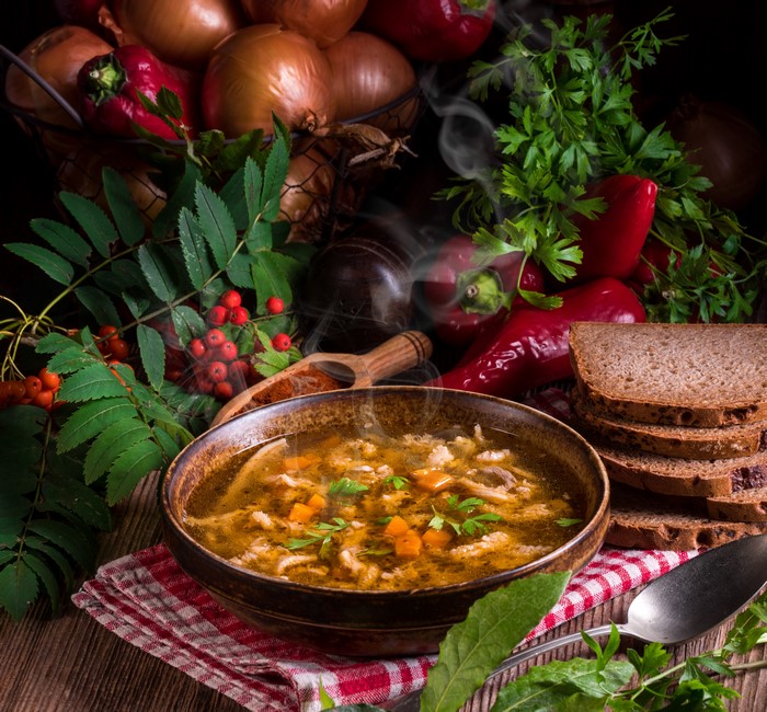 Hot Soup with Bread and Vegetables