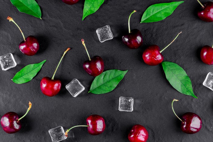 Cherries with Ice and Leaves