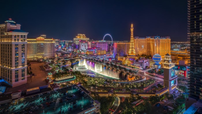 Las Vegas Strip at Night with Bellagio Fountains