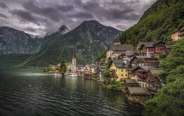 Hallstatt, Austria village on a lake with mountains