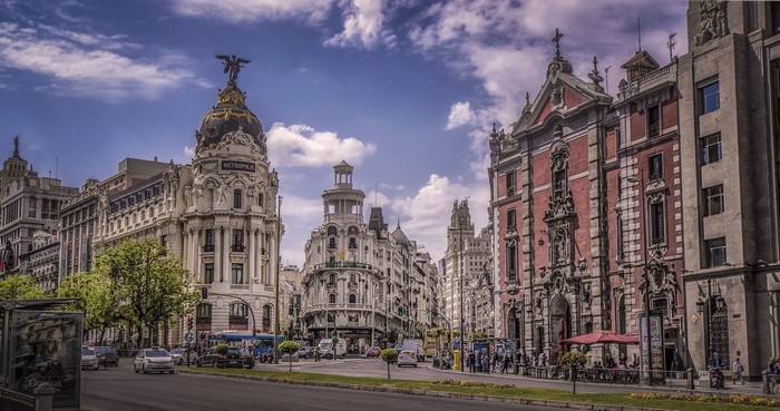 Metropolis Building and Gran Via Street in Madrid, Spain