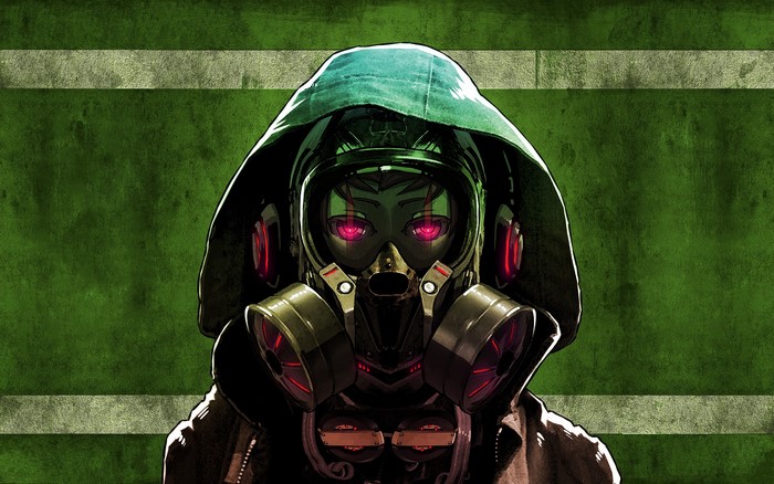 Person wearing a gas mask and headphones