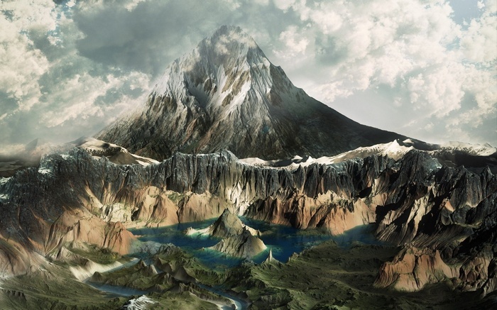 A majestic mountain range with a lake and clouds