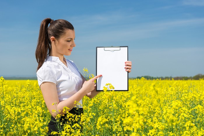 Woman holding a clipboard in a rapeseed field