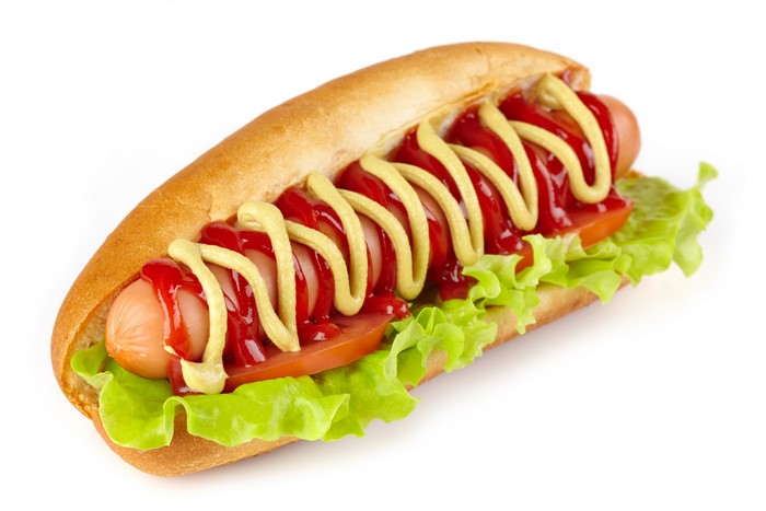 Hot dog with ketchup and mustard on white background