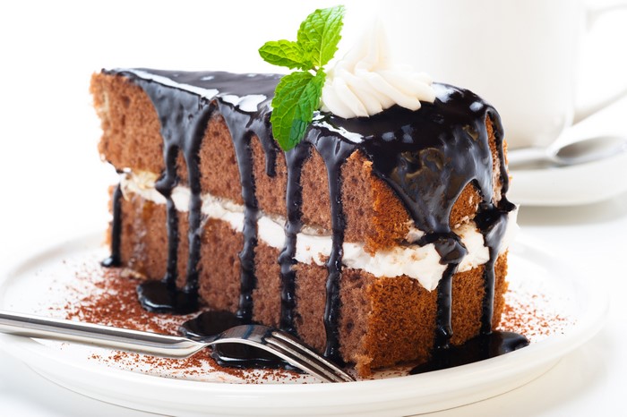 Chocolate cake with chocolate glaze and mint