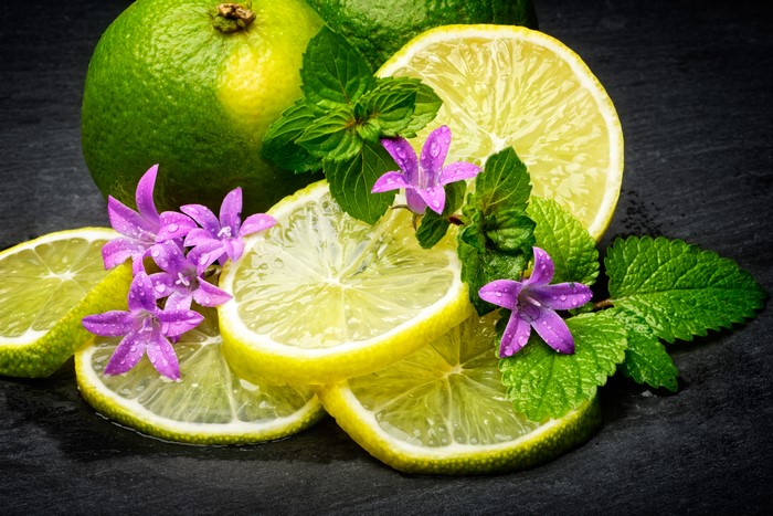 Lemons, Limes, Mint, and Purple Flowers