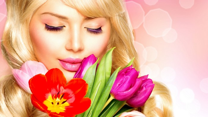 Blonde girl with tulips